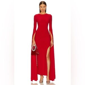 NWT Normal Kamali Open Back Ribbon Sleeve Wide Slit Gown Dress in Tiger Red